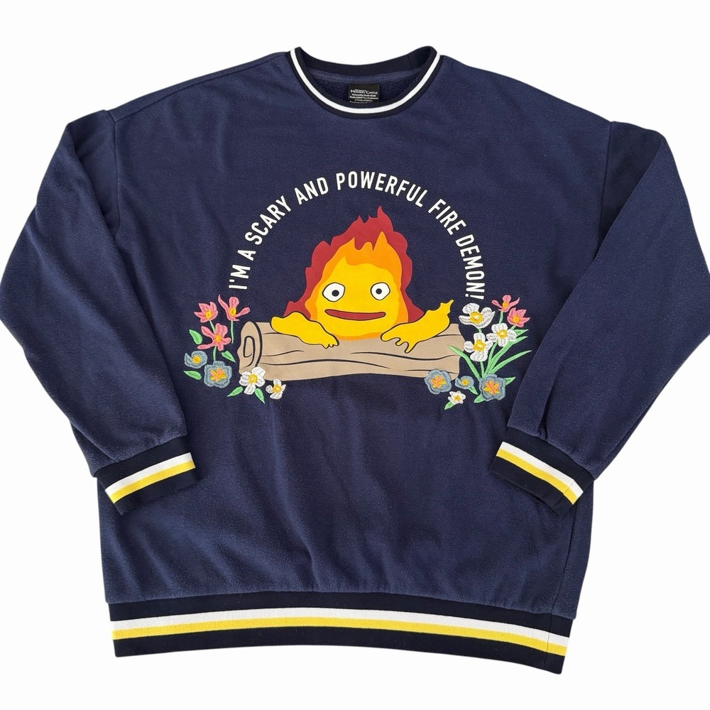 Howls Moving Castle Calcifer Sweatshirt Sz Small Blue Embroidered Flowers Demon